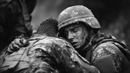 Muddy Combat Soldiers Embrace, War Trauma, Battlefield Fatigue, Exhaustion