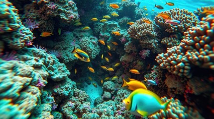 Fototapeta premium underwater scene, vibrant coral reef teeming with exotic fish, bright saturated colors, energetic movement