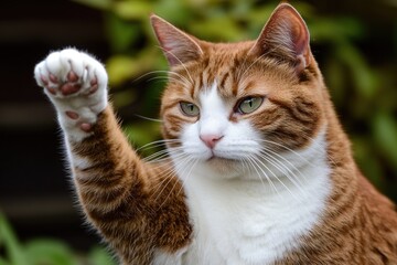 A close-up of a domestic cat's paw, with the fur standing up in attention