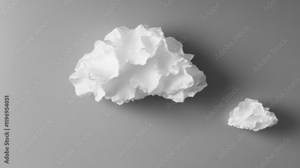 Poster soft, textured paper clouds on a gray backdrop creating a minimalist and creative space for text and