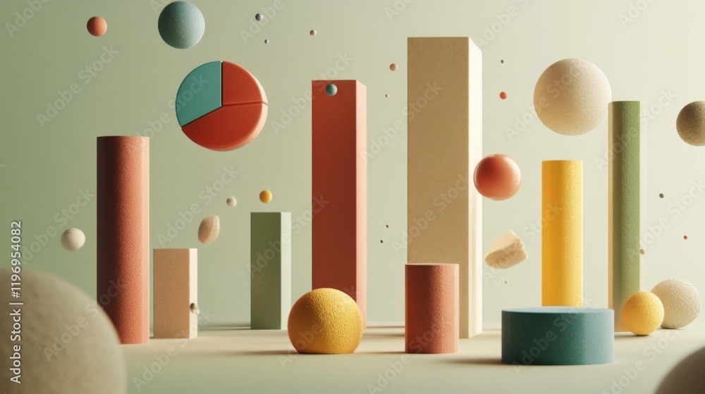 Aufkleber d bars and pie chart graphics in vivid colors, floating in space against a neutral backdrop for a vi