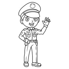 Cartoon smiling policeman waving hand line art
