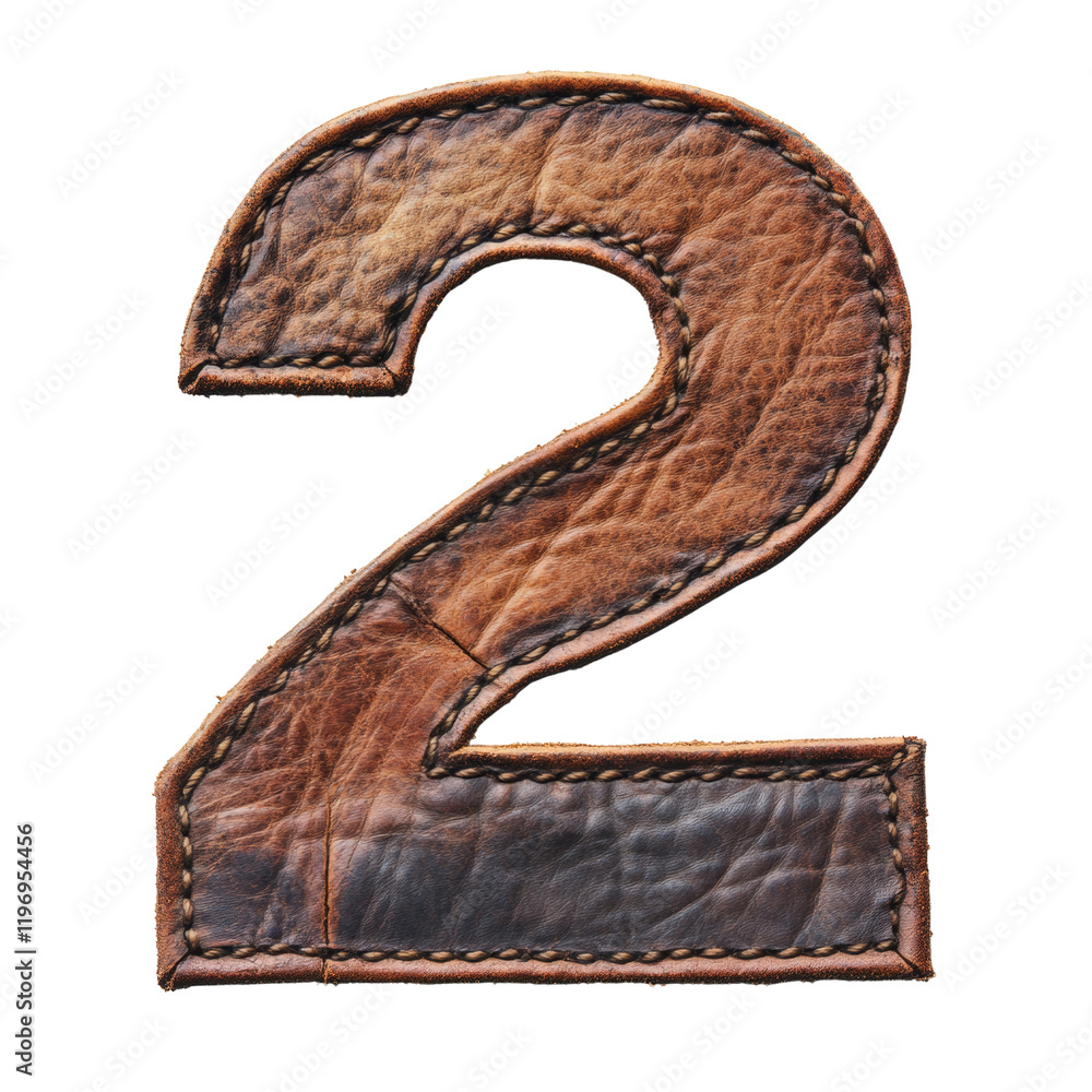 Poster a close up image shows the number two crafted from brown leather with visible stitching.