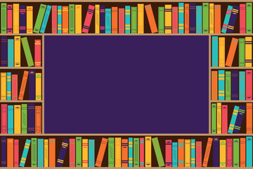 Bookshelf with books.  Vector template with copy space for banners, advertising, shops, libraries, schools, universities, educational courses. © Sun_Rise