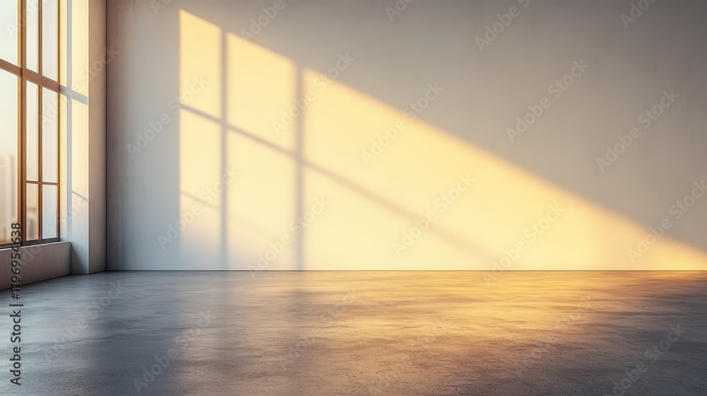 Poster spacious empty room with large blank wall and soft light streaming through windows - ideal for showc