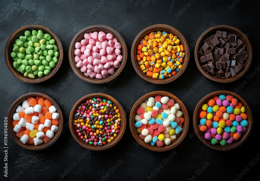 Poster colorful array of sweets and treats displayed in multiple bowls on dark background, perfect for any 