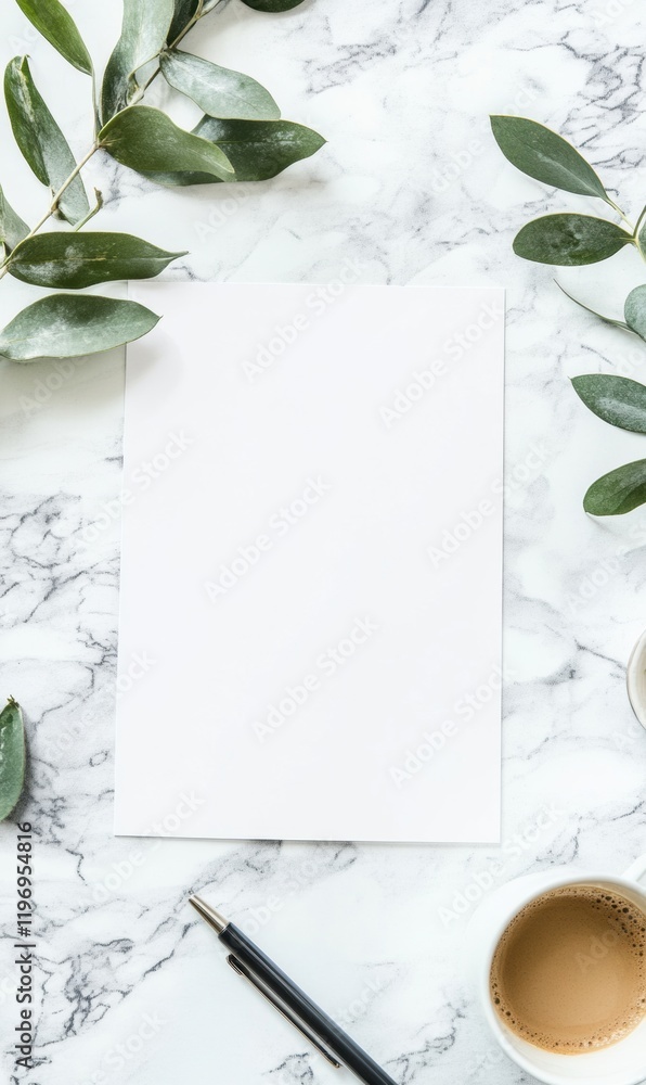 Poster Empty workspace with blank sheet, coffee cup, and leaves for creative writing or brainstorming ideas in a calm setting. Generative AI