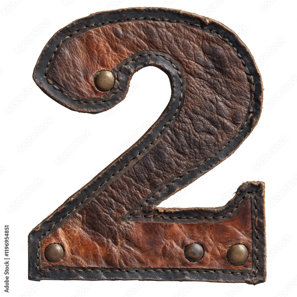 Poster a close up image shows the number two crafted from brown leather with visible stitching.