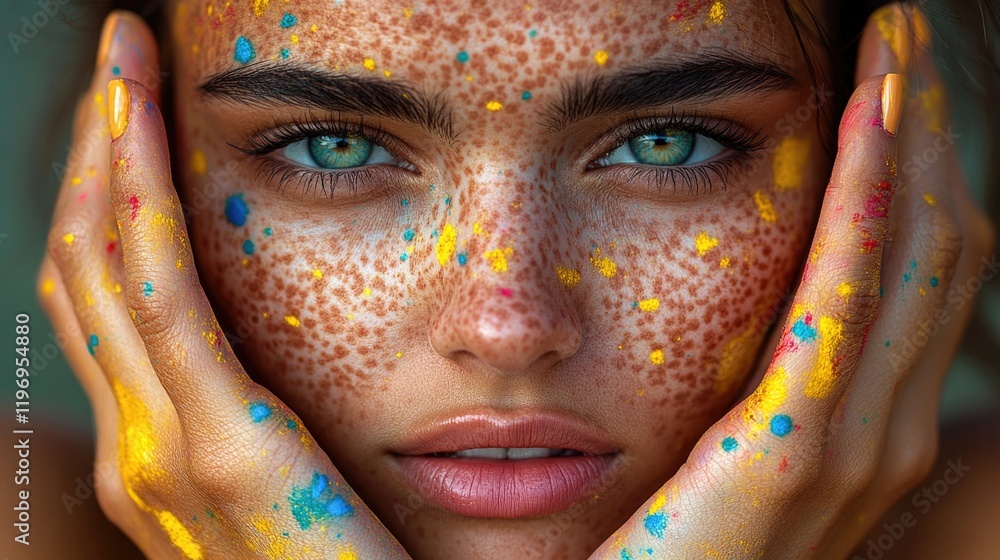 Poster a person with colorful face paint, ideal for use in creative projects or as a reference image