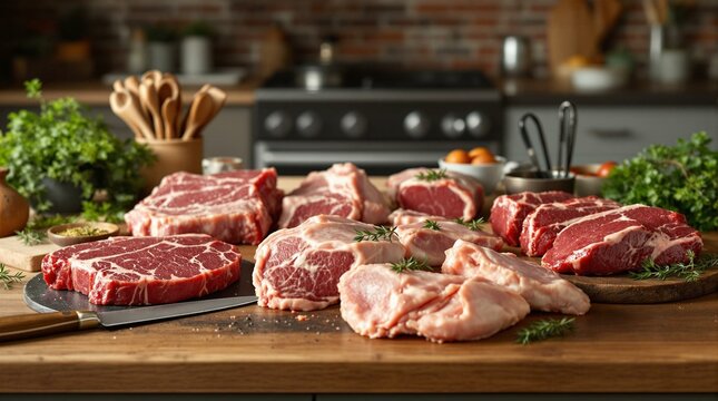 Una hermosa mesa de cocina de madera con varios cortes de carne listos para cocinar seg&uacute;n la dieta keto. hay jugosos filetes de res, tiernas chuletas de cordero, pechugas y muslos de pollo.