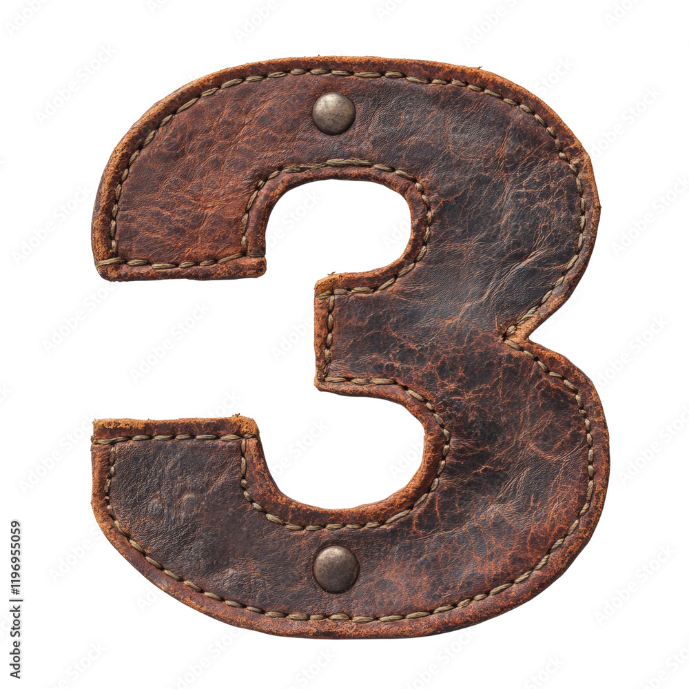 Poster a close-up image shows the number three crafted from stitched brown leather with visible aging and w