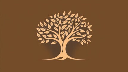 A stylized tree with an orange trunk and leaves on a brown background.