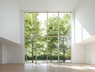 Obraz premium Nature-inspired living room design modern house interior bright environment minimalist viewpoint