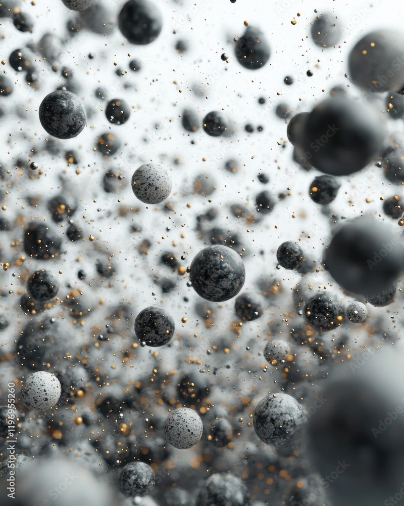 Poster exploring multiverse theory through spherical particles abstract environment digital art perspective
