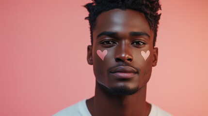 Obraz premium A cheerful portrait of a young African man with two pink heart stickers on his cheeks, set against a soft pink background