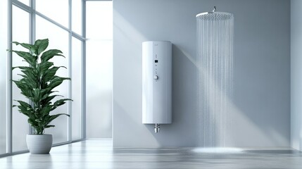 An electric water heater and a spacious shower stall in a minimalist bathroom, with the shower's water cascading down in the background.