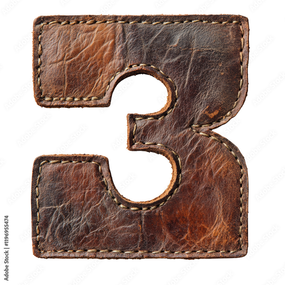 Poster a close-up image shows the number three fashioned from aged brown leather with visible stitching.