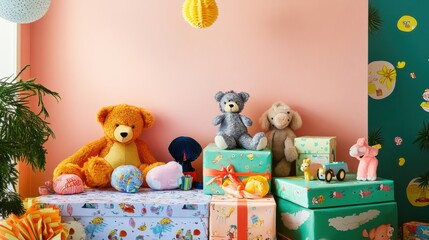 Obraz premium A whimsical gift setup for children with colorful wrapping paper,
