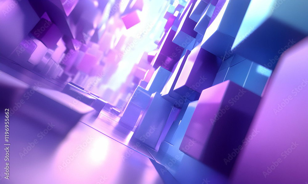 Poster abstract 3d rendering of purple and blue cubes creating a futuristic, dynamic cityscape. ideal for t