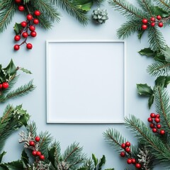Creative space designed for holiday greetings with pine and berry decorations arranged around a blank square canvas. Generative AI