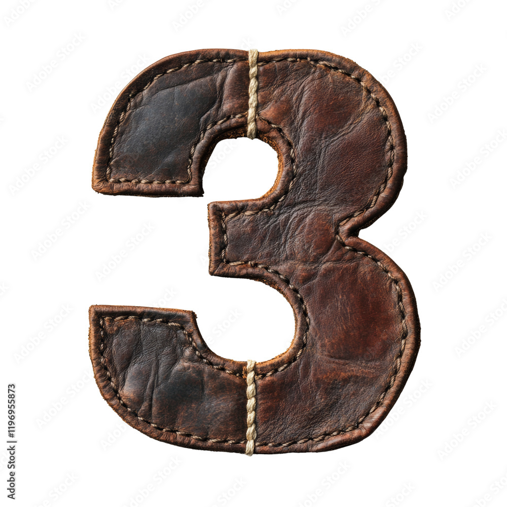 Poster a close-up image shows the number three fashioned from aged brown leather with visible stitching.