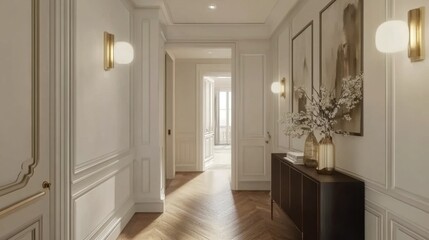 Fototapeta premium An inviting minimalist hallway with wooden flooring, soft lighting, and a few decorative elements that enhance the simplicity and elegance of the space