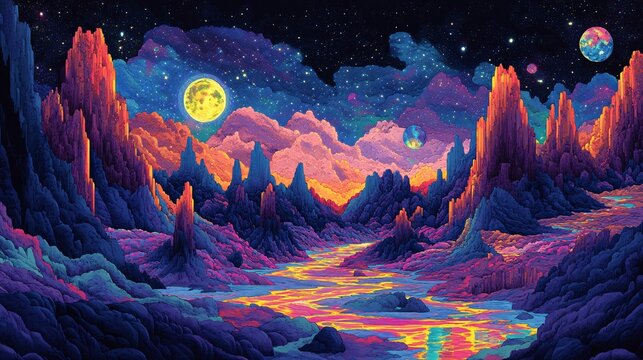 A cartoon-style mountain range with cliffs painted in bold, vibrant patterns and a glowing river running through