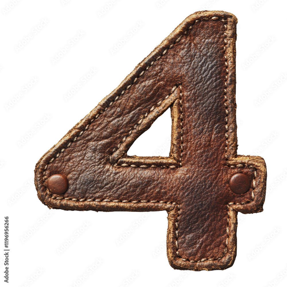 Poster a close-up image shows a hand stitched leather number four with rivets against a transprent backgrou