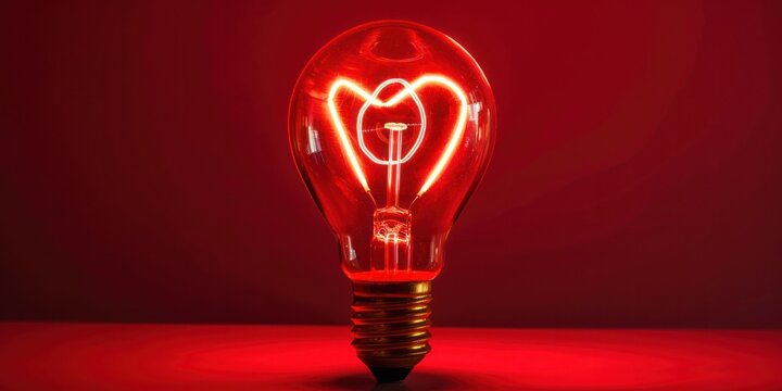 red lightbulb heart shape lighting glow illumination energy lave electricity romantic on bed abstract wall