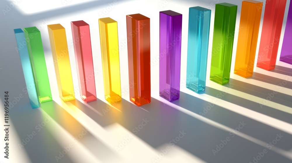 Leinwandbilder Array of rainbow-colored D bars in a row, gradually increasing in height, with smooth shadows and reflections