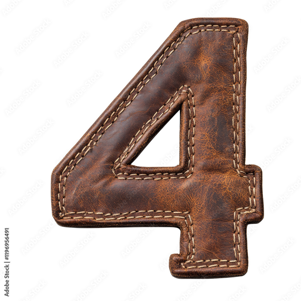 Poster a close-up image shows a hand stitched leather number four with rivets against a transprent backgrou