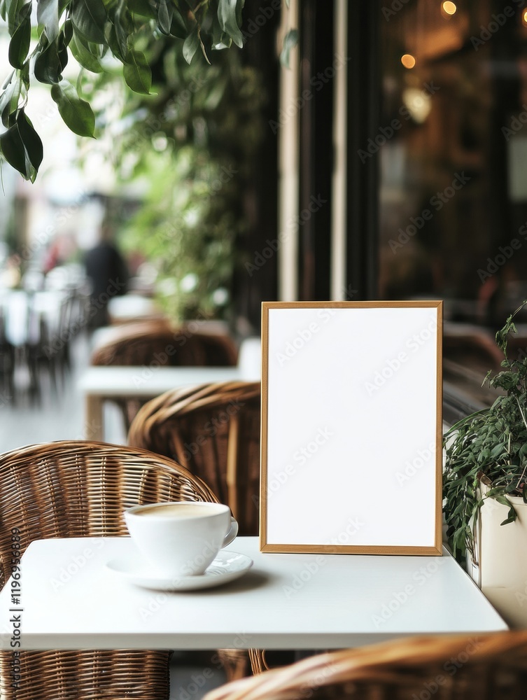 Poster cozy cafe table with empty frame and cup, perfect for adding your own text or design in a relaxed at
