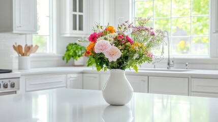 A white kitchen counter with a bright vase filled with colorful flowers, sunlight streaming in.