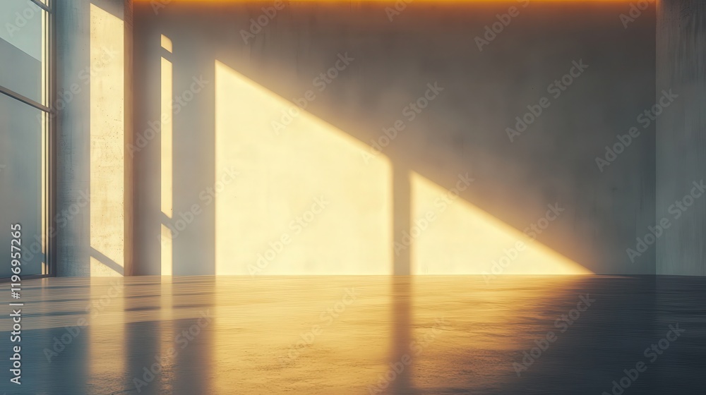 Poster spacious empty room with large blank wall and warm light from windows creating a perfect showcase fo