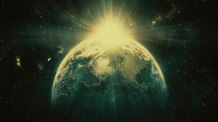 Obraz premium A wide-angle shot of Earth surrounded by the infinite blackness of space and rays of sunlight.