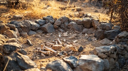 Ancient Ruins Sunlit Stones, Scattered Bones, Archaeological Site