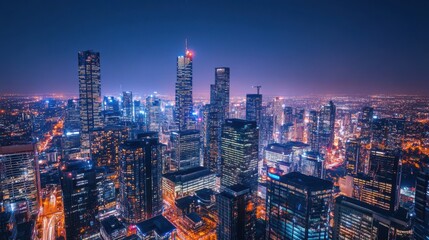 Fototapeta premium A wide view of a city skyline at night, with sparkling lights reflecting