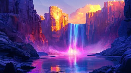 A cartoon-style canyon filled with multicolored rock formations and a glowing waterfall