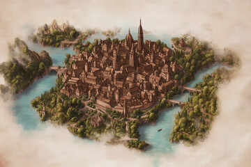 medieval city surrounded by a winding river and lush green forests. The city features intricate architecture, including tall spires, narrow streets, and a historic stone bridge