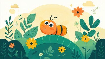 Cute Cartoon Bee Character in Vibrant Floral Landscape with Greenery and Colorful Flowers