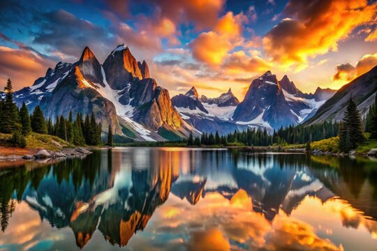Majestic Bugaboos silhouette at sunrise/sunset: dramatic shadows paint BC's serene mountain lake.