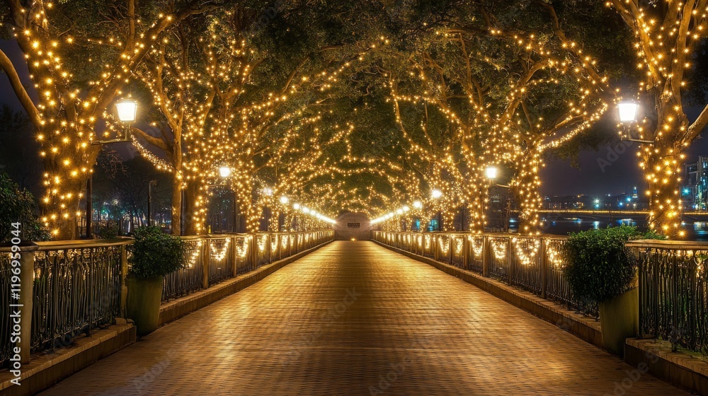 Poster a bridge framed by trees along the riverbank, with twinkling lights strung along the railings, creat