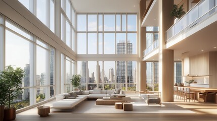 A bright and airy living room with large windows, showcasing a minimalist design with neutral tones, greenery, and tasteful decorations