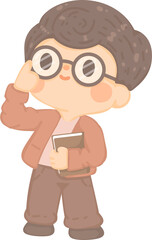 happy young man teacher teaching at school holding book and wear eyeglass. brown long hair employee presenting project. Online tutor character illustration. professor at university  