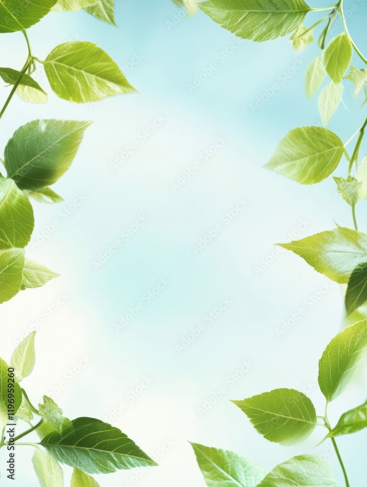 Aufkleber fresh green leaves framing a soft blue background with ample space for text placement. generative ai