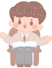 happy young man teacher teaching at school sitting on chair and tell story. brown short hair employee presenting project. Online tutor character illustration. professor at university  
