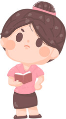 angry young woman teacher teaching at school holding book and look at student. Online tutor character illustration. professor at university    