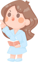happy young woman teacher teaching at school pointing up and holding book. brown hair employee presenting project. Online tutor character illustration. professor at university  