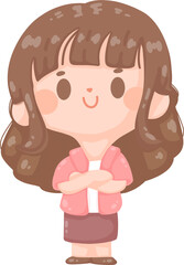 happy young woman teacher teaching at school and crossed her arms . employee presenting project holding book. Online tutor character illustration 