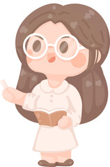 happy young woman teacher teaching at school holding book and wear white eye glass. brown long hair employee presenting project. Online tutor character illustration. professor at university  